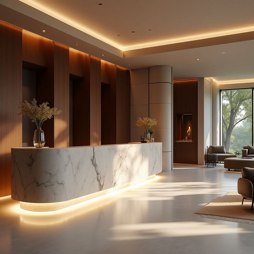 Lobby of a minimalist boutique hotel with a stone reception desk.