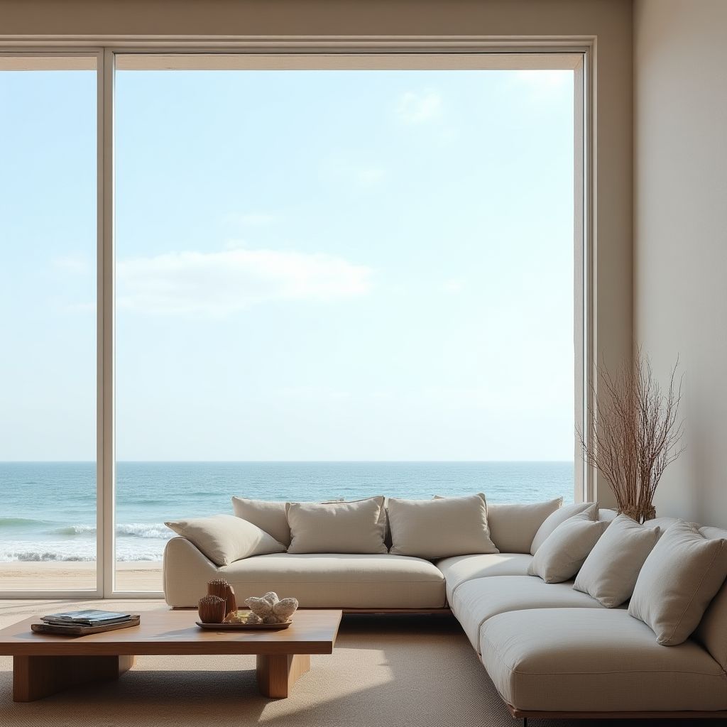A minimalist living room with a view of the ocean.