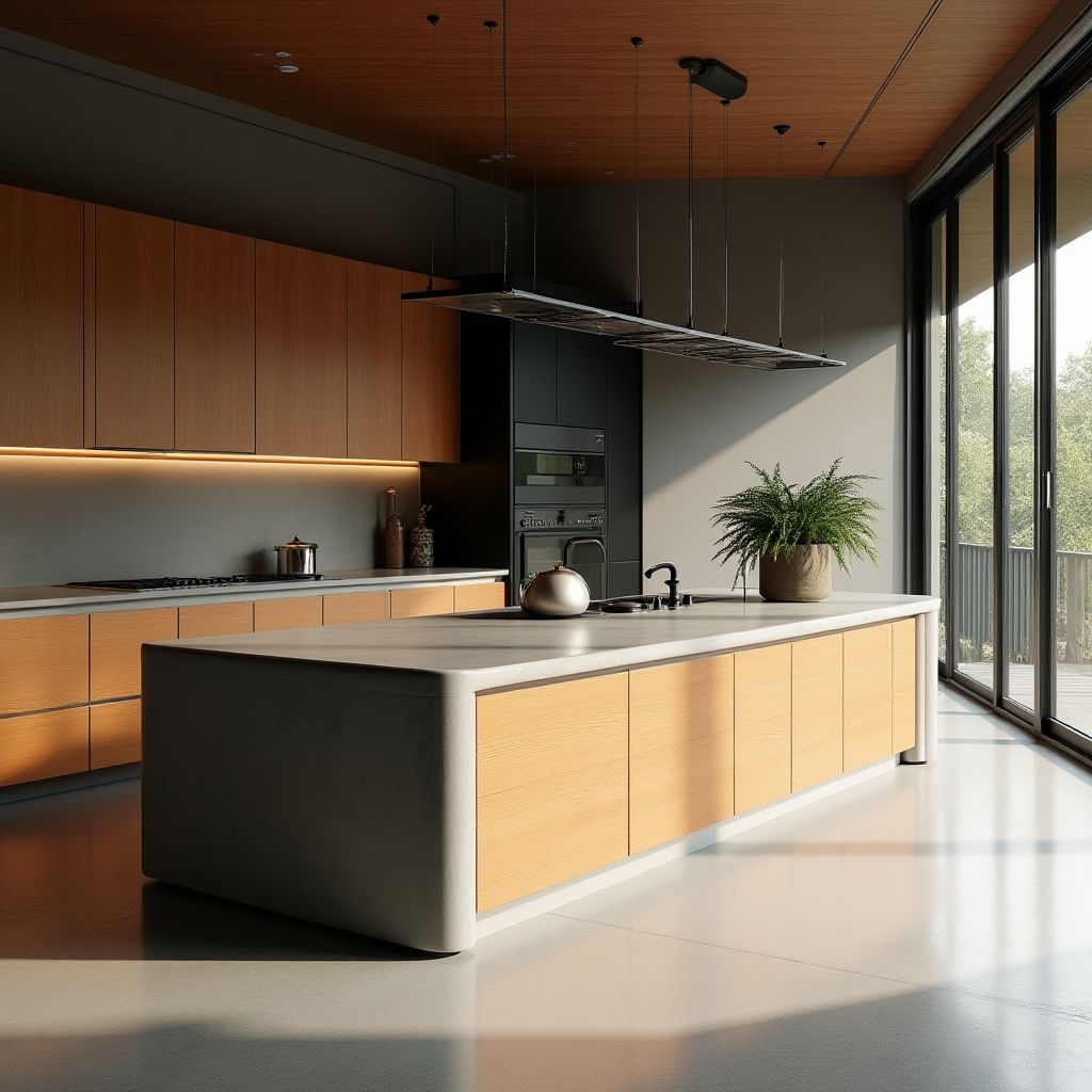 A modern kitchen with concrete countertops and timber cabinets.